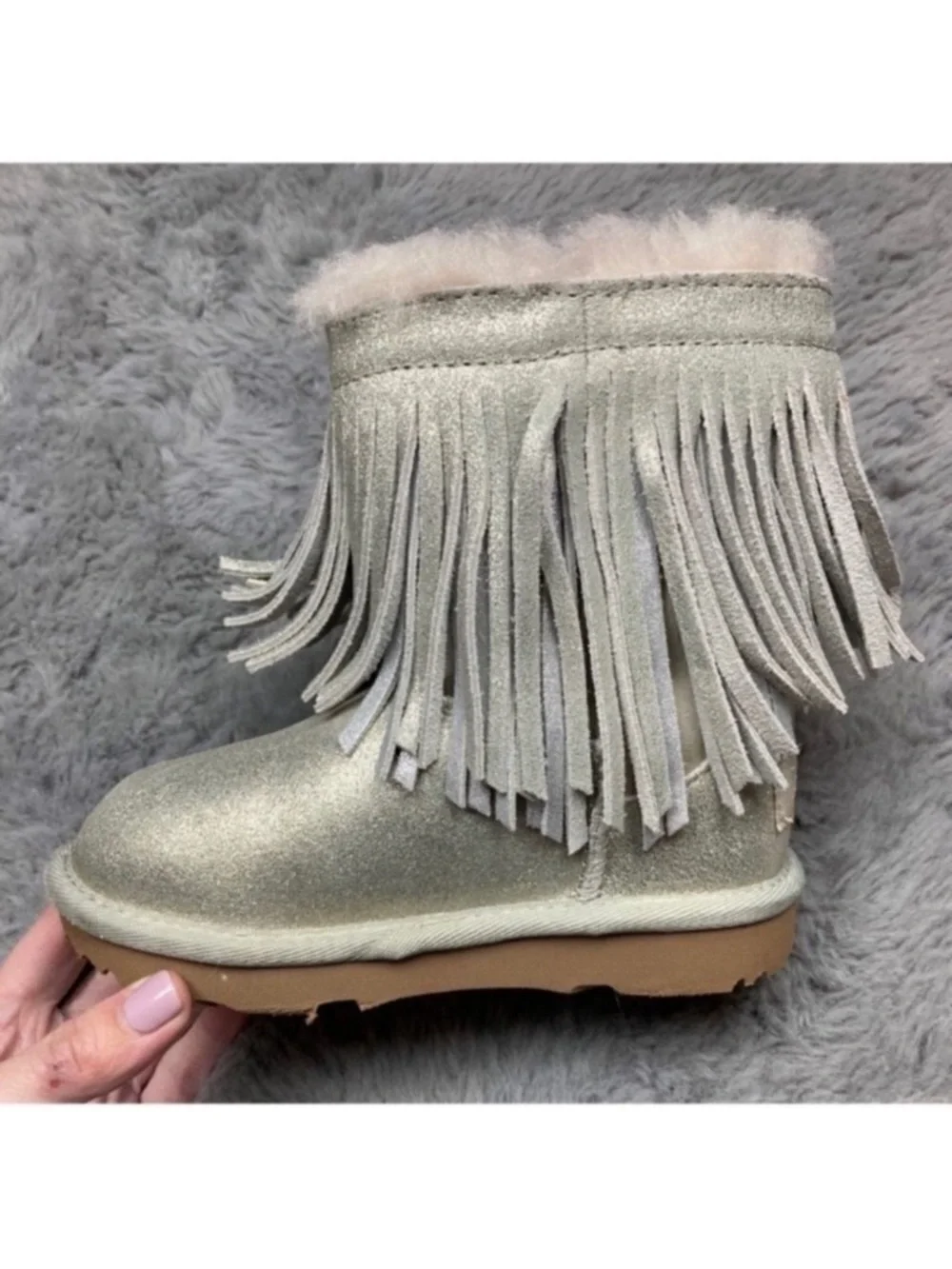 Ugg classic short II genuine shearling metallic fringe booties
